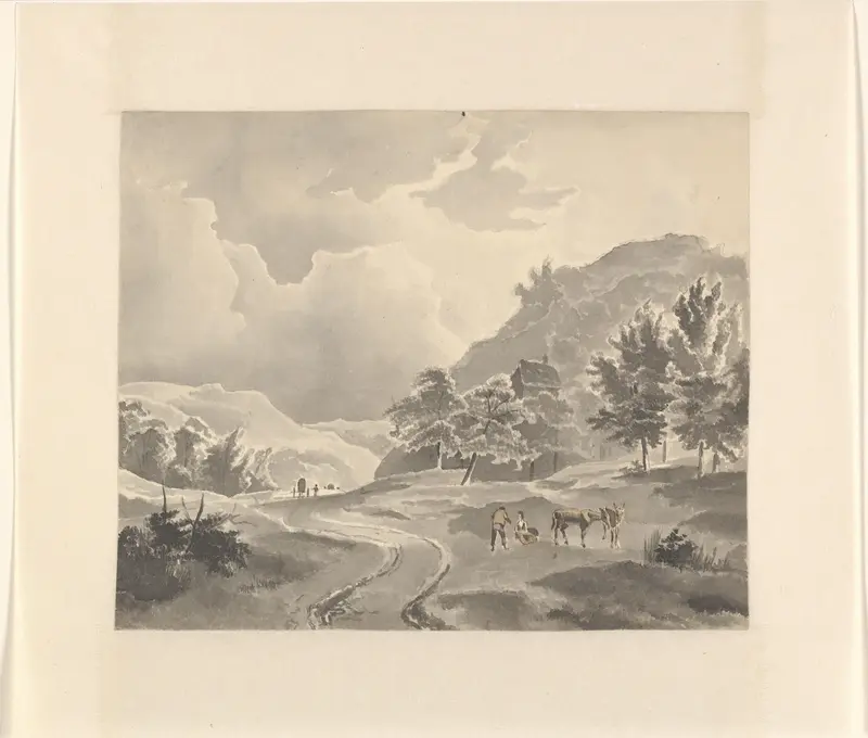 Figuren en paarden langs een pad in een berglandschap Wall Art by Unknown - High-Resolution Digital Print