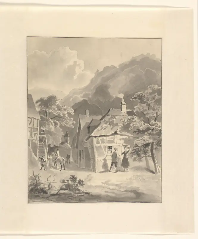 Figuren in een dorp in een berglandschap Wall Art by Johannes van Reijn - High-Resolution Digital Print