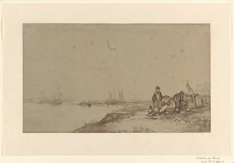 Figuren in gesprek aan de oever van een bevaren rivier Wall Art by Albertus van Beest - High-Resolution Digital Print