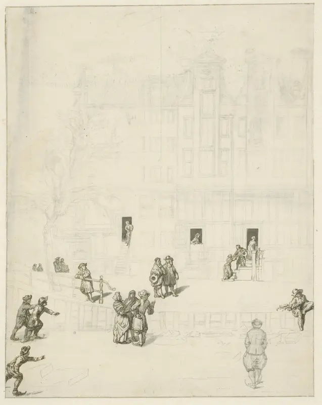 Figuren op het ijs van bij het uitgebrande huis op de Leidsegracht, 1684 Wall Art by Jan van der Heyden - High-Resolution Digital Print