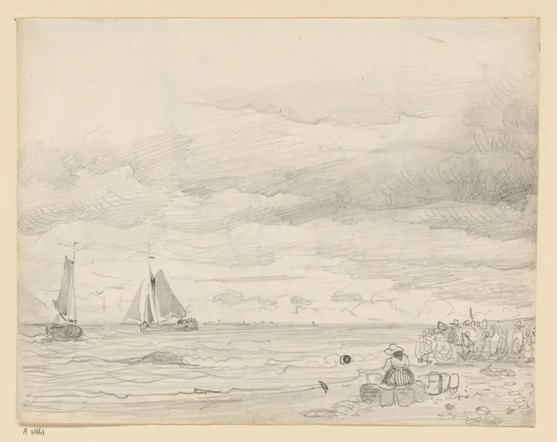 Figuren op het strand, wachtend op de aankomst van de vissersboten Wall Art by Willem Anthonie van Deventer - High-Resolution Digital Print