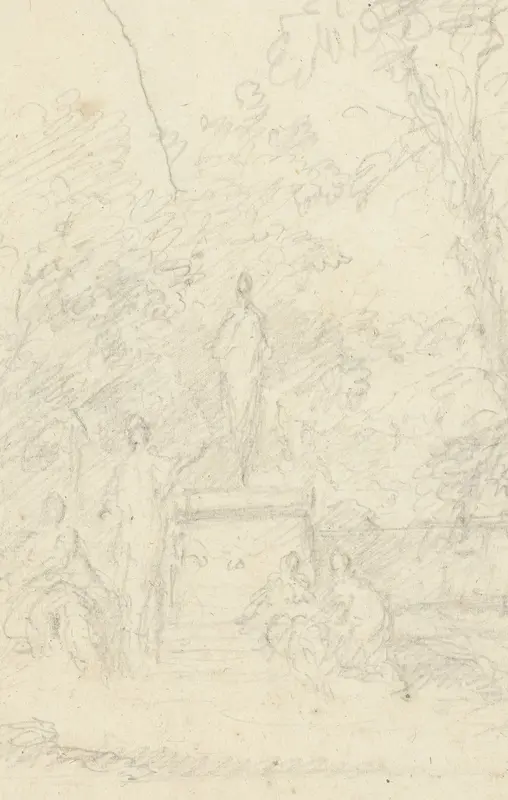 Figuren rond een standbeeld in een tuin Wall Art by Unknown - High-Resolution Digital Print