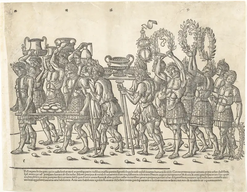 Figures bearing trophies and and carrying wreaths, from "The Triumph of Caesar"