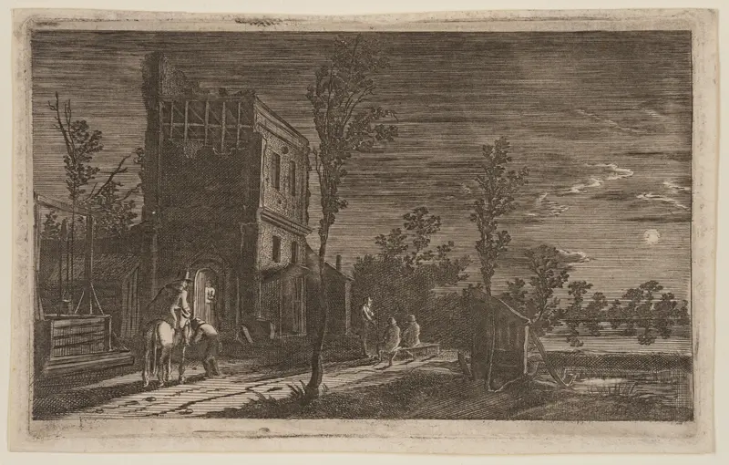 Figures by a Dilapidated Tower: Moonlit Nocturne, from Six Landscapes Wall Art by Gillis van Scheyndel - High-Resolution Digital Print