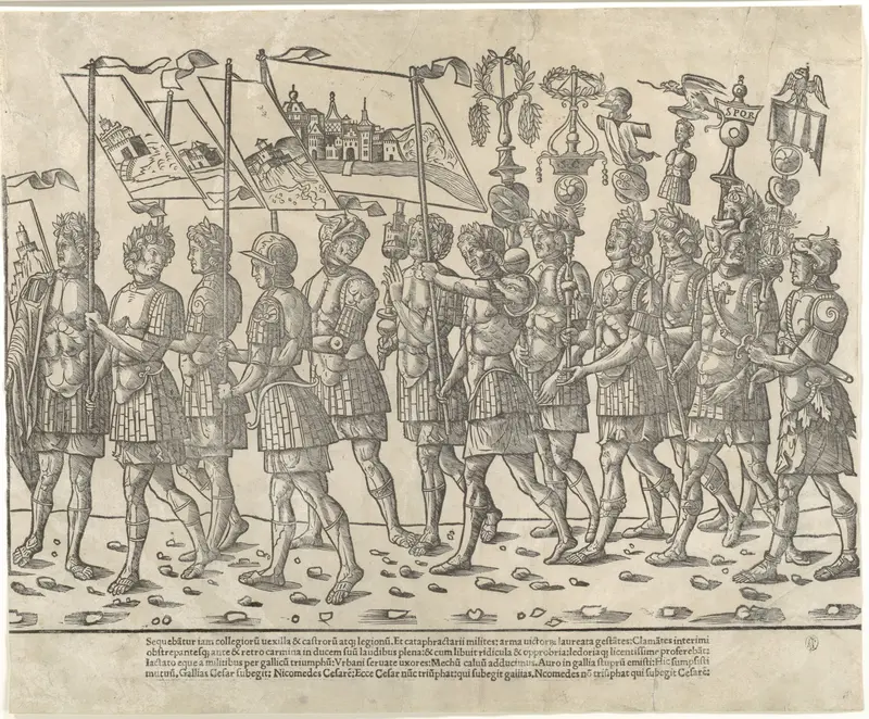 Figures carrying standards and trophies, from "The Triumph of Caesar"