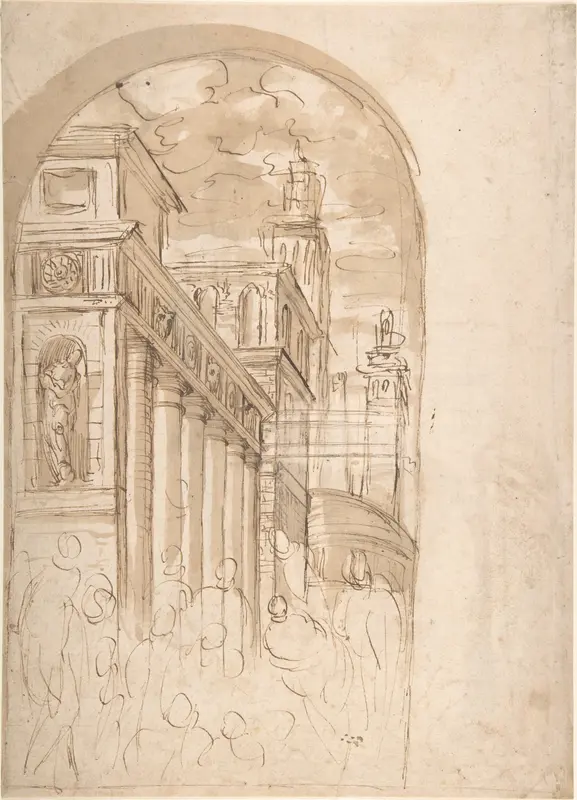 Figures Gathered Before a Group of Buildings, One with a Colonnade (recto); Corner View of a Building all'antica (verso) Wall Art by Anonymous, Italian, Roman-Bolognese, 17th century - High-Resolution Digital Print