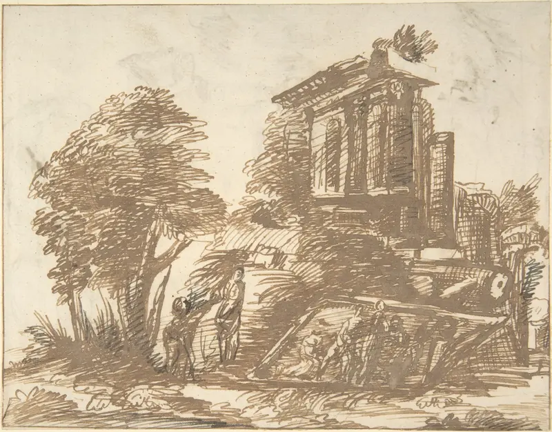 Figures in a Landscape with Classical Ruins (recto); Six Figure Studies (verso) Wall Art by Anonymous, Italian, Roman-Bolognese, 17th century - High-Resolution Digital Print