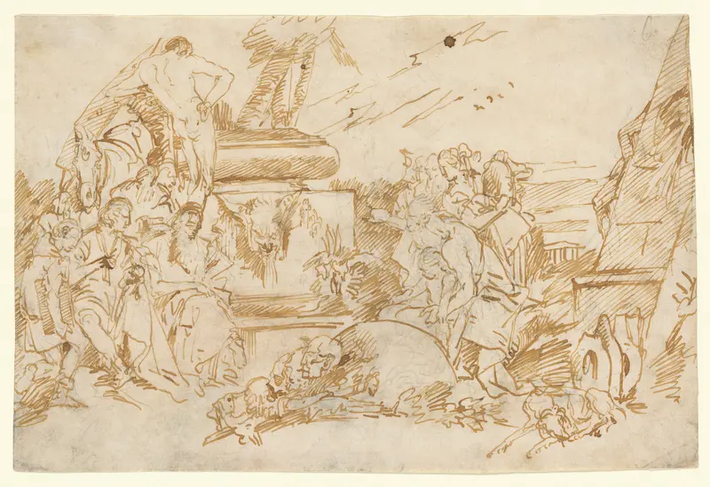 Figures in Antique Dress Grouped About a Pagan Tomb Wall Art by Lorenzo Baldiserra Tiepolo - High-Resolution Digital Print