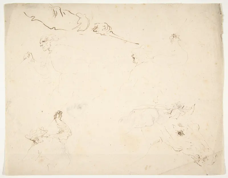 Figures in Battle and Head of a Horse (recto); Studies of a Man's Head and Arms (verso) Wall Art by Stefano della Bella - High-Resolution Digital Print