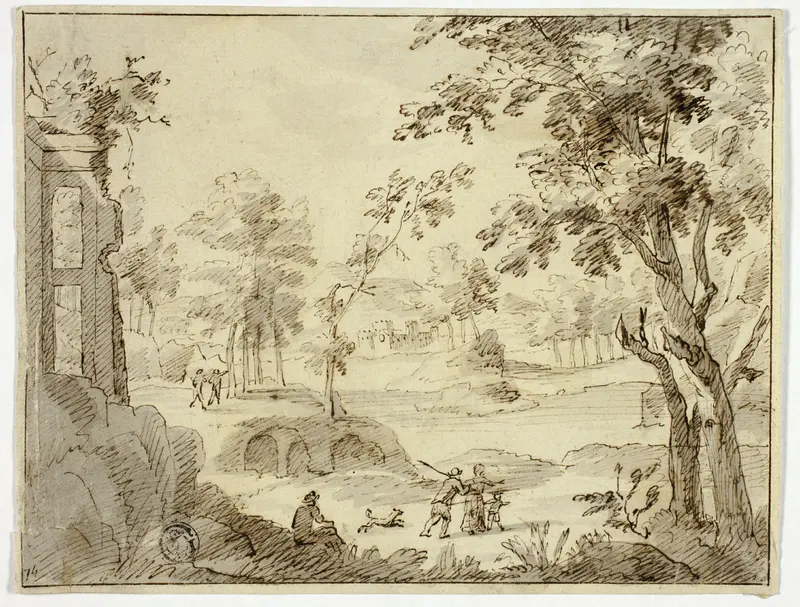 Figures in Landscape with Ruins and Castle Wall Art by Style of Gaspar van Wittel - High-Resolution Digital Print