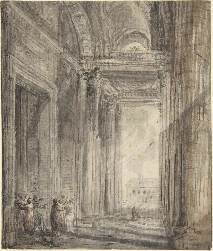 Figures in the portico of the church of Saint Genevieve, Paris Wall Art by Gabriel de Saint-Aubin - High-Resolution Digital Print