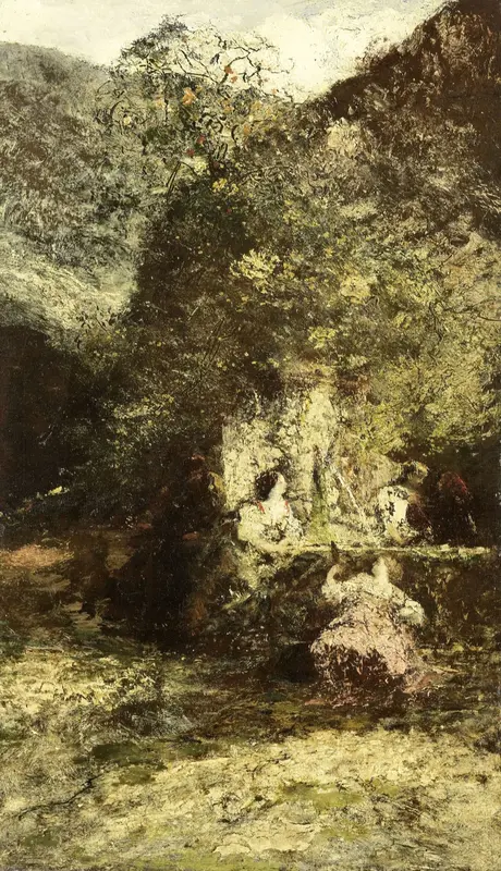 Figures near a Fountain Wall Art by Adolphe Joseph Thomas Monticelli - High-Resolution Digital Print