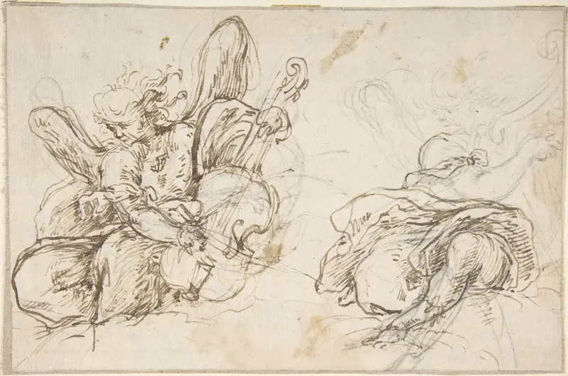 Figures of Two Music-Making Angels Wall Art by Anonymous, Spanish, School of Seville, 17th century - High-Resolution Digital Print