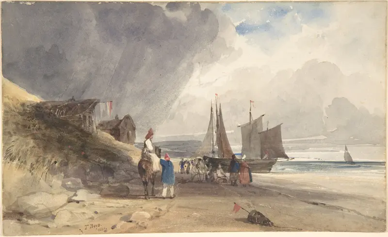 Figures on a beach in northern France Wall Art by Thomas Shotter Boys - High-Resolution Digital Print