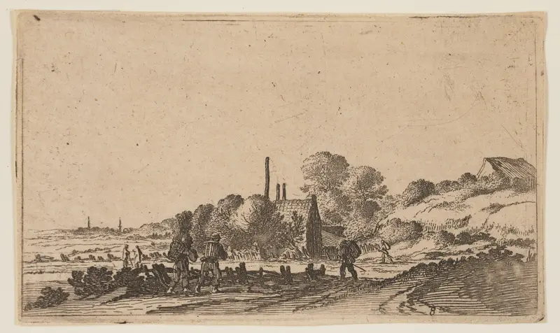 Figures on a Path before Farms on the Dunes, from Twelve Landscapes Wall Art by Gillis van Scheyndel - High-Resolution Digital Print