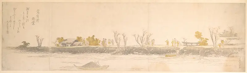 Figures Promenading on a Point of Land; Water and Boats in the Foreground Wall Art by Katsushika Hokusai - High-Resolution Digital Print