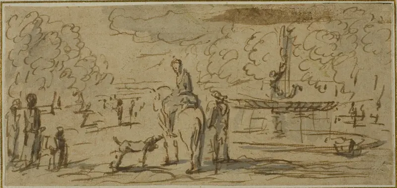 Figures Walking and on Horseback in a Park Wall Art by French School - High-Resolution Digital Print