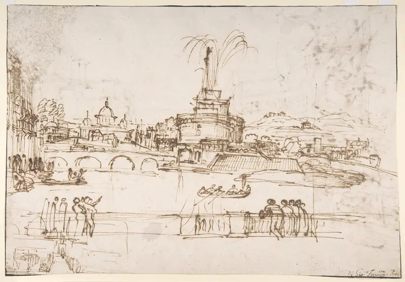 Figures Watching a Display of Fireworks at Castel Sant'Angelo, Rome (recto); A Distant View of the Fireworks Seen from a Villa Garden (verso) Wall Art by Giovanni Francesco Grimaldi - High-Resolution Digital Print