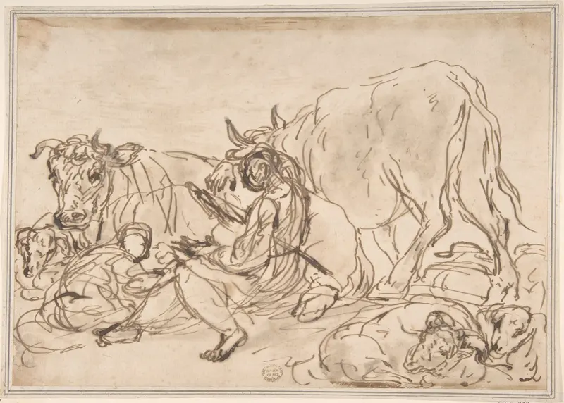 Figures with Cattle Wall Art by Anonymous, Italian, Roman-Bolognese, 17th century - High-Resolution Digital Print