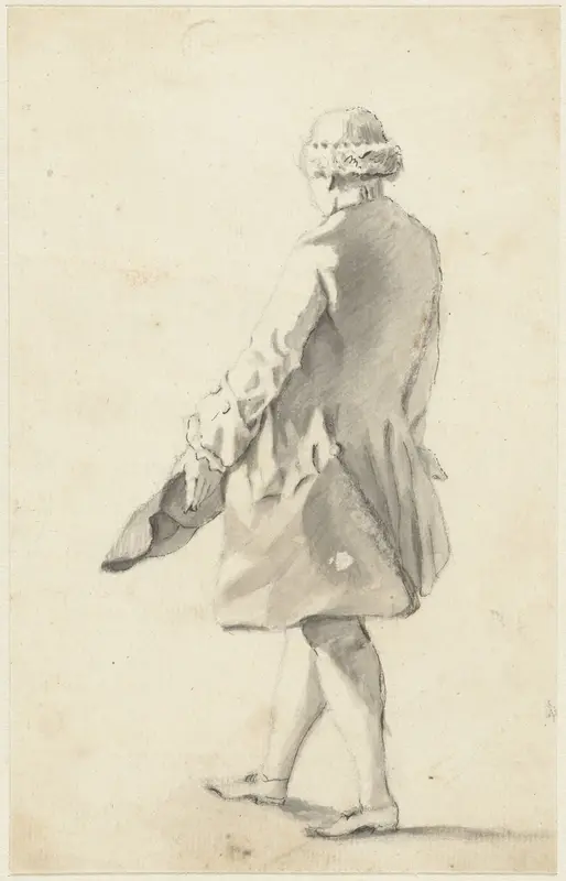 Figuurstudie van een op de rug geziene staande man met zijn steek in de linkerhand Wall Art by anonymous - High-Resolution Digital Print