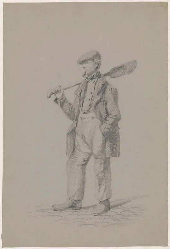 Figuurstudie van een staande man met een schop over zijn schouder Wall Art by Adrianus Eversen - High-Resolution Digital Print