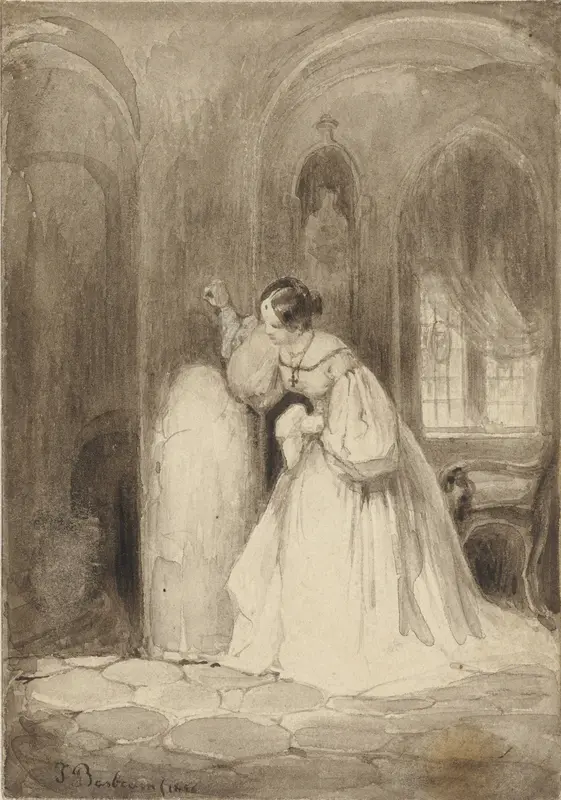 Figuurstudie van een staande vrouw, haar japon gedeeltelijk geplooid op een tafel Wall Art by Hubert François Gravelot - High-Resolution Digital Print