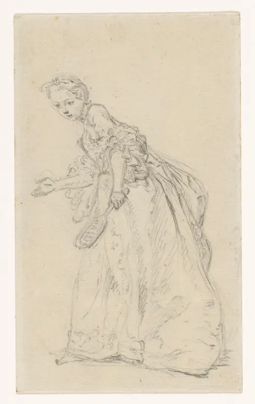 Figuurstudie van een staande vrouw met racket Wall Art by Hubert François Gravelot - High-Resolution Digital Print