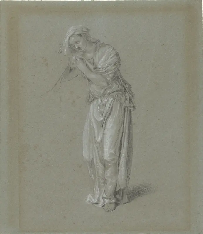 Figuurstudie van een vrouw in klassiek gewaad, leunend op een voorwerp Wall Art by Hendrik Hoogers - High-Resolution Digital Print