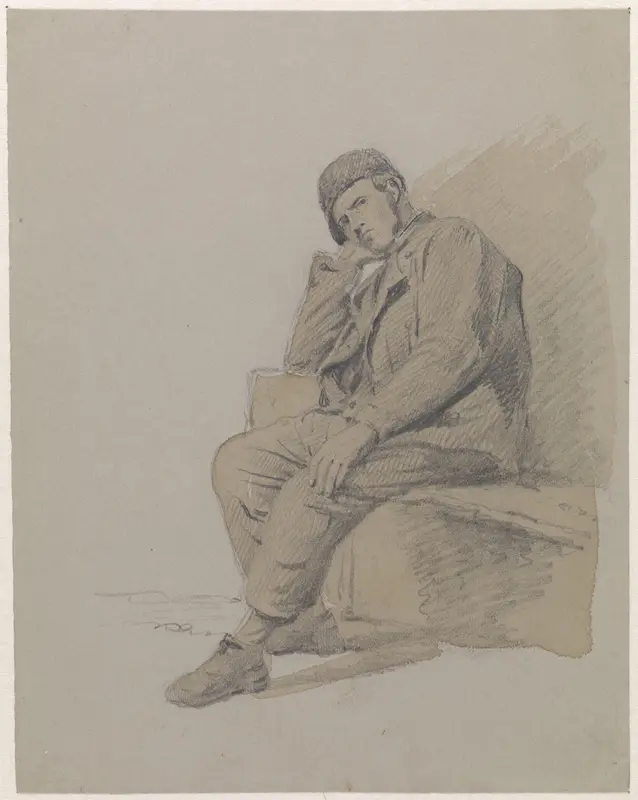Figuurstudie van een zittende man met een muts op Wall Art by Adrianus Eversen - High-Resolution Digital Print