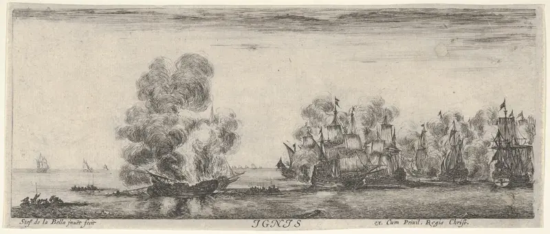 Fire, a flotilla on fire in center and to the right, two boats full of people to left, from "The Four Elements" (Les Quatre Eléments) Wall Art by Stefano della Bella - High-Resolution Digital Print