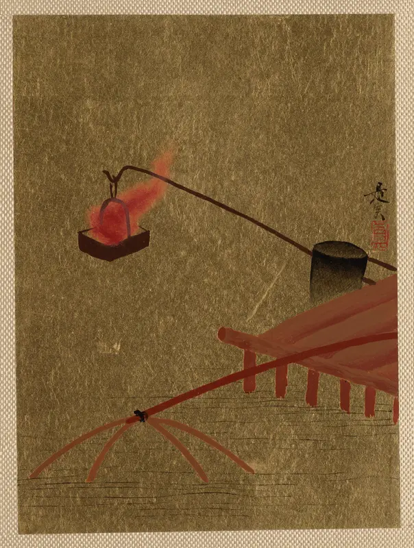 Fire Basket Suspended from Dock over a Fish Net in the Water
