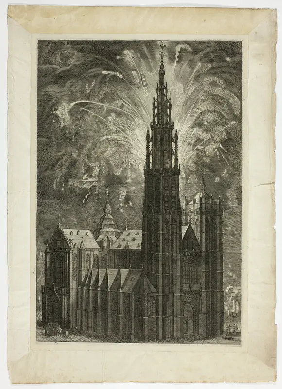 Firework around the Antwerp Cathedral, plate 41 from Casperius Gevartius, Pompa Introitus Honori Serenissimi Principis Ferdinandi Wall Art by Theodoor van Thulden - High-Resolution Digital Print