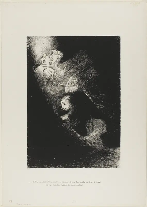 First a pool of water, then a prostitute, the corner of a temple, a soldier's face, a chariot with two rearing white horses, plate 1 from The Temptation of Saint Anthony (1st series)
