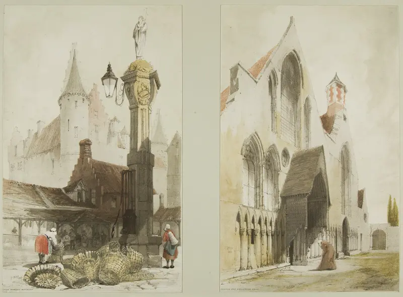 Fish Market, Antwerp and Hospice des Vieillards, Cand, from Picturesque Architecture in Paris, Ghent, Antwerp, Touen, etc. Wall Art by Thomas Shotter Boys - High-Resolution Digital Print