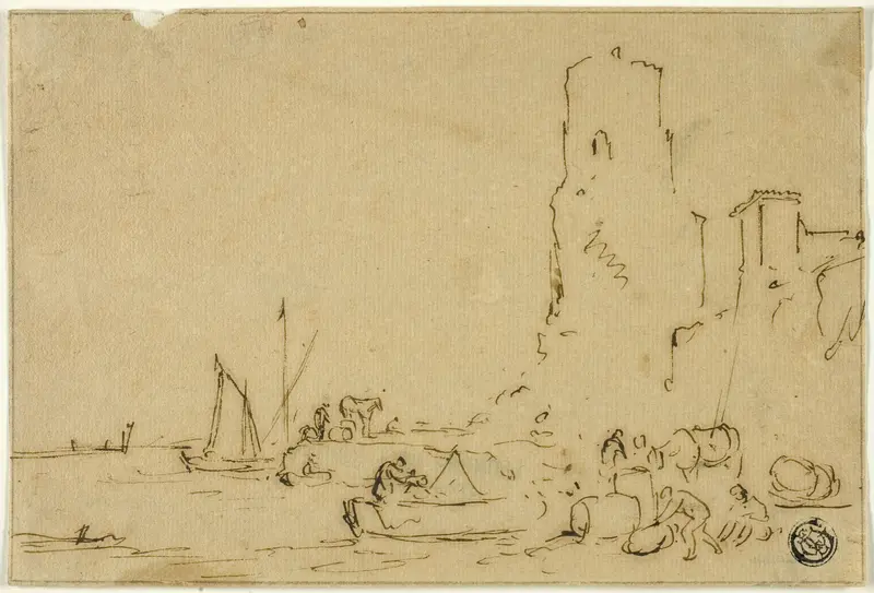 Fishermen Barreling Fish at Water's Edge Wall Art by Thomas Wyck - High-Resolution Digital Print