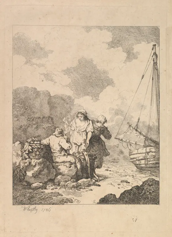 Fishermen by the Shore – Coastal Scene with a Man Sitting on Rocks and Smoking a Pipe, Next to a Standing Young Woman, with a Second Woman Behind Wall Art by Thomas Rowlandson - High-Resolution Digital Print