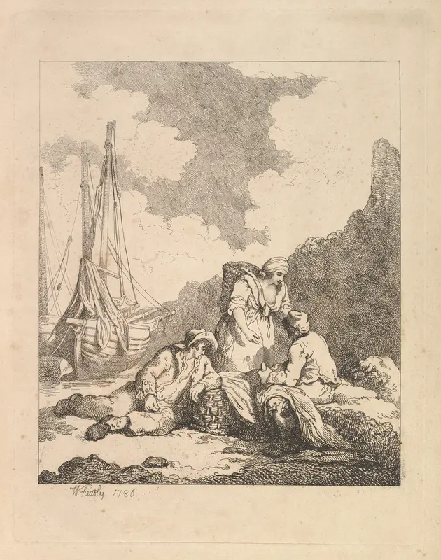 Fishermen by the Shore – Coastal Scene with a Man Sitting on the Ground Resting an Elbow on a Fishing Basket, Another Man Opposite Mending a Sail, and a Woman Standing Between Them Carrying a Basket on Her Back Wall Art by Thomas Rowlandson - High-Resolution Digital Print