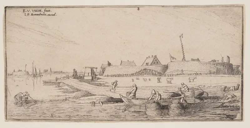 Fishermen in Rowboats Before a Walled Town, from Landscapes Wall Art by Esaias van den Velde, I - High-Resolution Digital Print