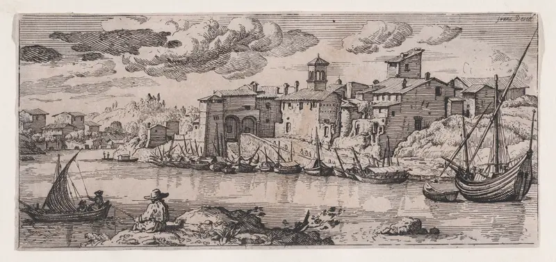 Fishermen on a river across from a town Wall Art by Anonymous - High-Resolution Digital Print