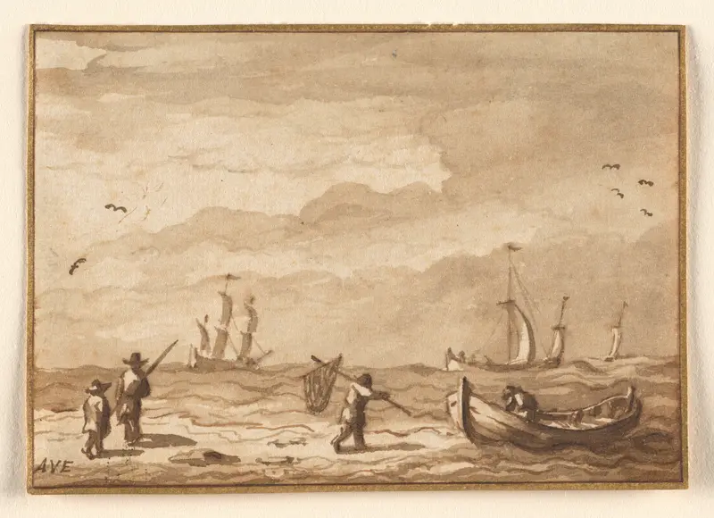 Fishing Boats and a Man with a Net Wall Art by Allart van Everdingen - High-Resolution Digital Print