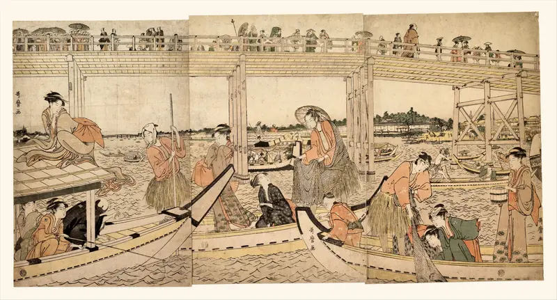 Fishing Boats with Nets under Ryōgoku Bridge