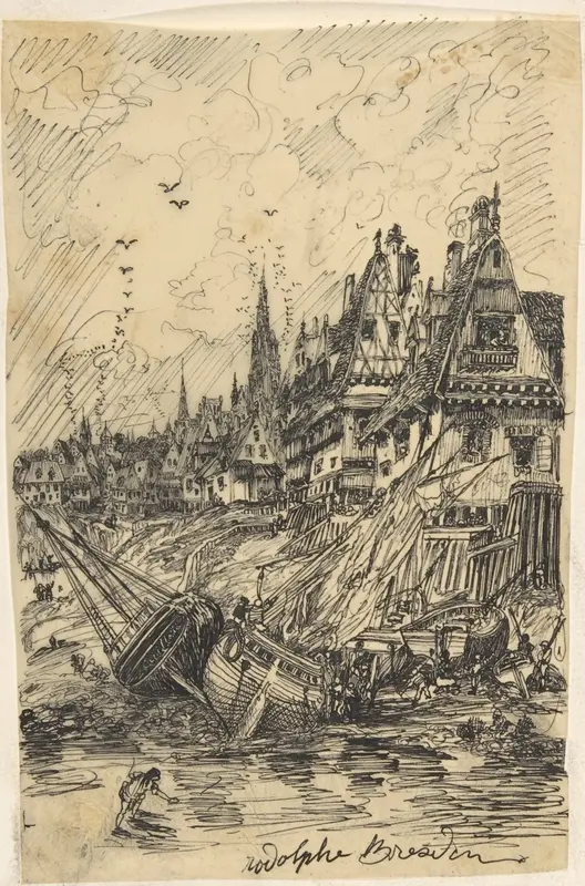 Fishing Harbor at Low Tide Wall Art by Rodolphe Bresdin - High-Resolution Digital Print