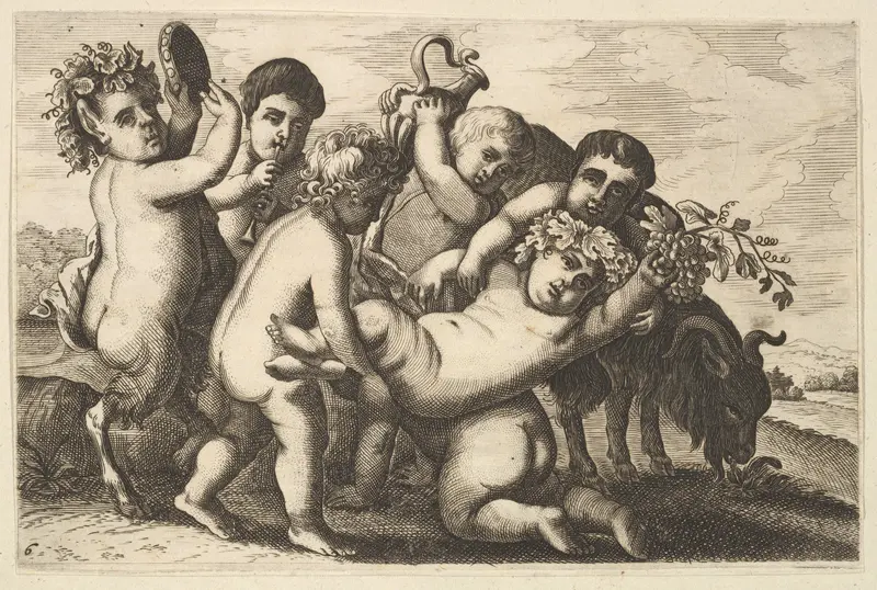 Five boys, two satyrs, and a goat (copy in reverse) Wall Art by Wenceslaus Hollar - High-Resolution Digital Print