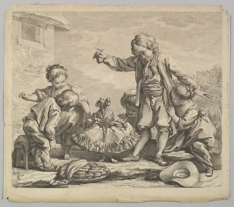 Five Children with Dancing Dog Wall Art by Anonymous, French, 18th century - High-Resolution Digital Print