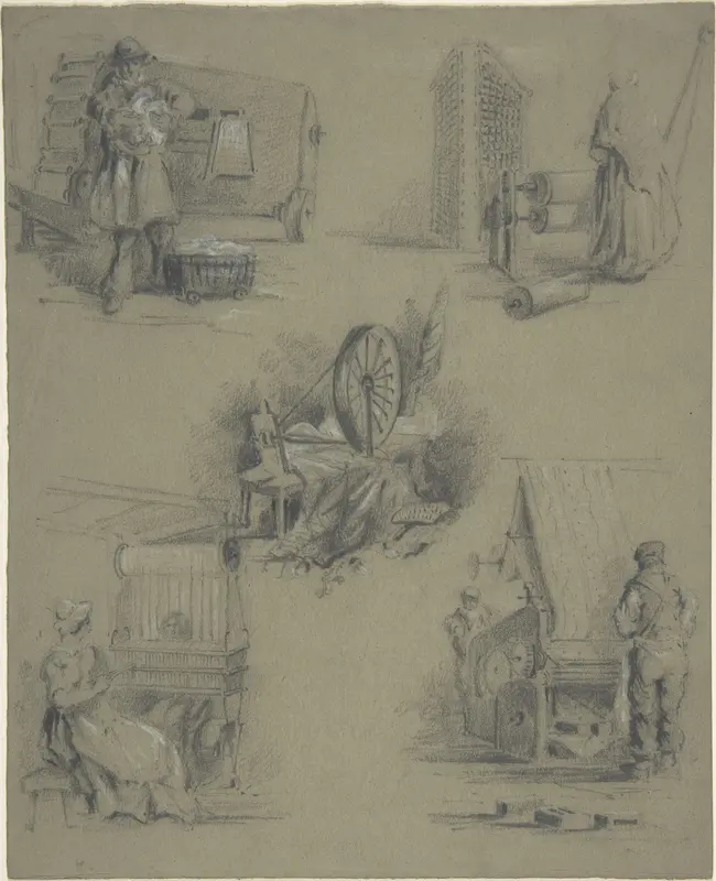Five drawings showing processes of weaving and spinning