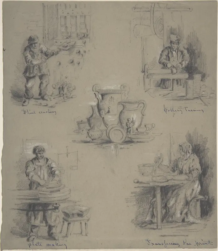 Five drawings showing the manufacture of china