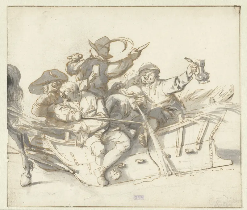 Five Drunken Villagers and a Woman on a Sleigh Wall Art by Cornelis Dusart - High-Resolution Digital Print