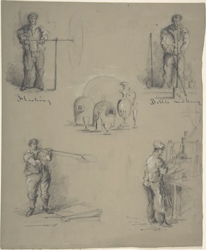 Five images showing the processes of manufacturing glass