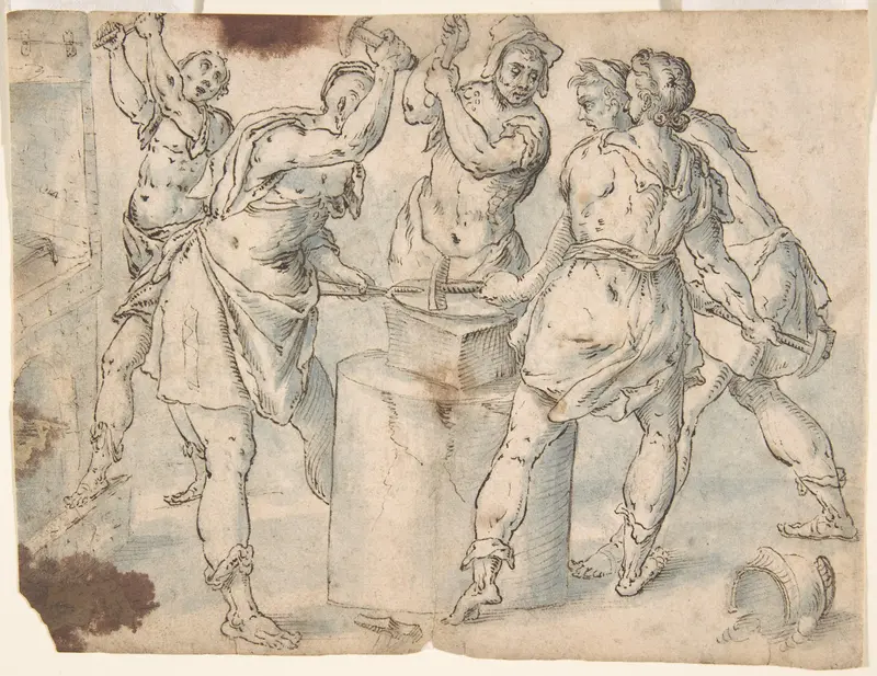 Five Men Around an Anvil, verso: Figures in a Wood (The Preaching of Saint John the Baptist?) Wall Art by Anonymous, Netherlandish, 16th century - High-Resolution Digital Print