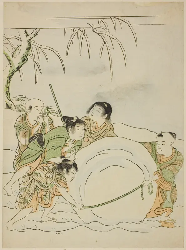 Five Young Boys Rolling a Large Snowball Wall Art by Isoda Koryusai - High-Resolution Digital Print
